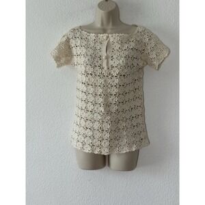 Vtg Ivory Crochet Top Size‎ M Short Sleeve Open Knit Boho Festival